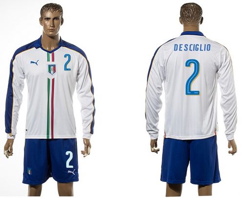 Italy #2 De Sciglio White Away Long Sleeves Soccer Country Jersey - Click Image to Close